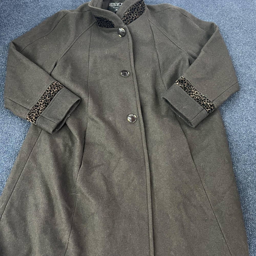 Vintage Russell Scott Coat Womens 14 Brown Wool‎ Leopard Trim Overcoat USA
